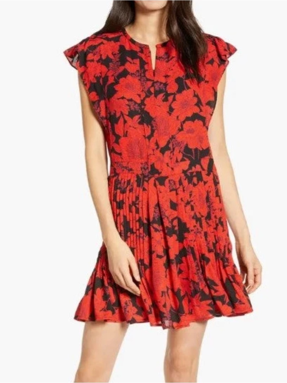 Rebecca Minkoff Red & Black Floral Pleated Mini Dress